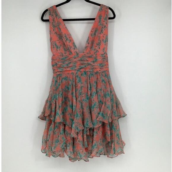 CAROLINE CONSTAS Coral Green Floral Hourglass Paris Mini Dress Size Medium - Picture 5 of 9